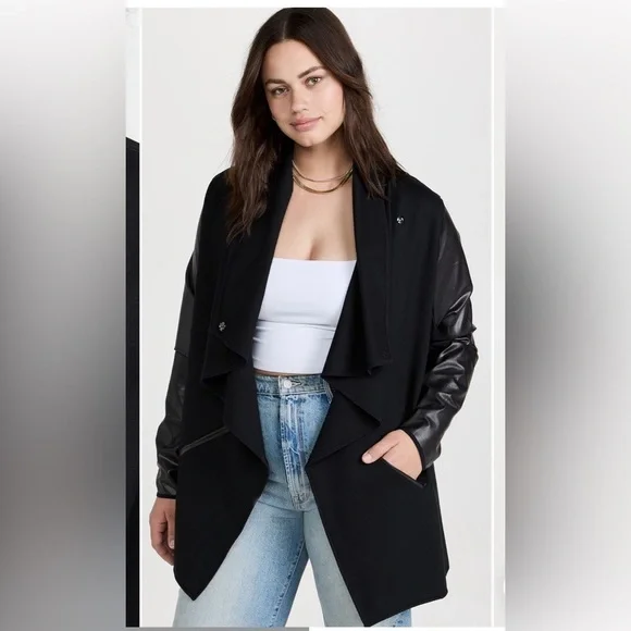 SPANX Black Faux Leather Drape Front Convertible Ponte Jacket SZ S